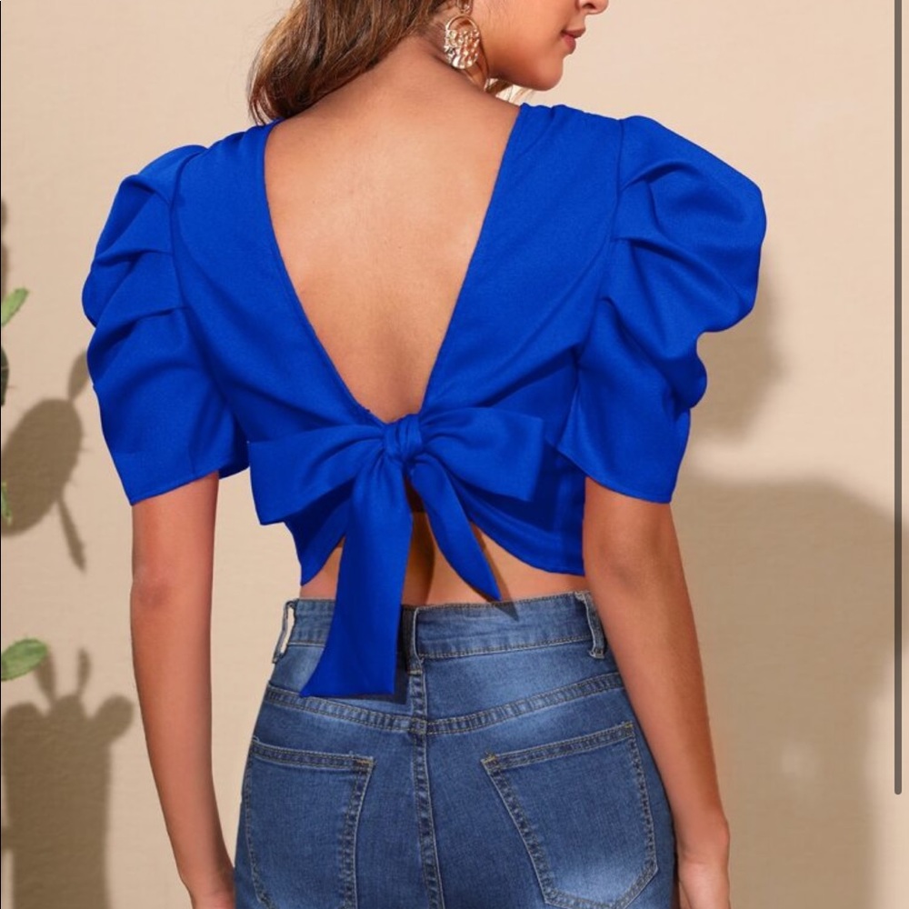 Open Back Tie Puff Sleeve Ruched Classic Top Blouse - Picture 6 of 16